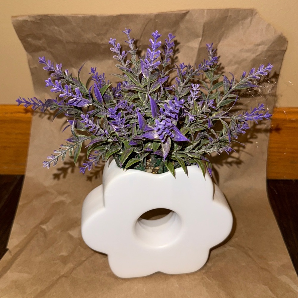 White Flower-Shaped Vase with Purple Lavender
